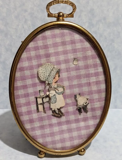 Vntg 1970s 5" Framed Stacked Paper Folk Art - Lavender Gingham Holly Hobbie Girl