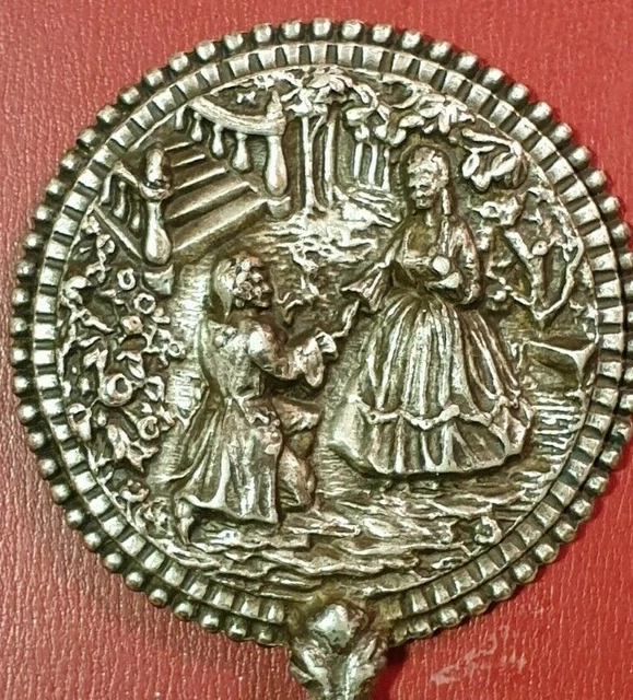 Ancien miroir face à main, de poche, dos déco scène couple mariage #1495 2