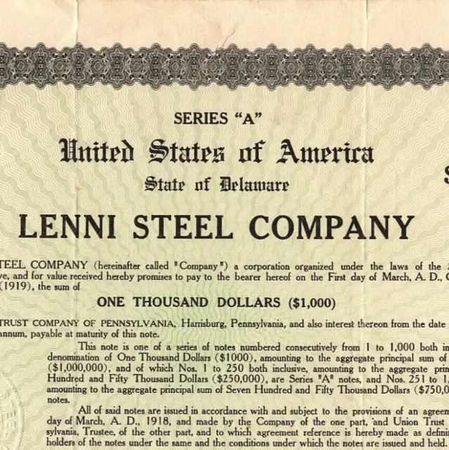 1918 Lenni Steel Company Stock Bond Certificate Harrisburg PA Industrial VTG