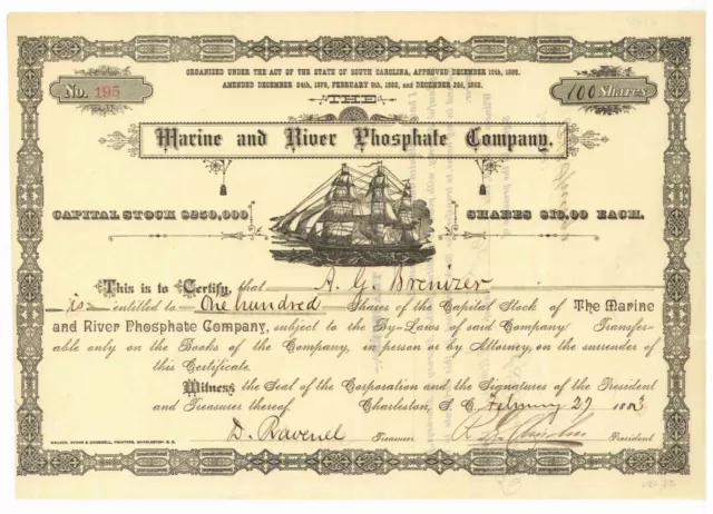 Marine and River Phosphate Company. Stock Certificate.  1883