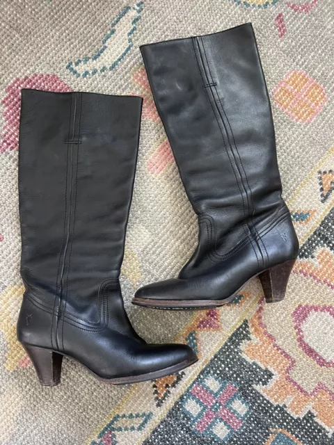 FRYE Tina Campus boots Women Size 9 Solid Black Leather pull-on Heel Knee High