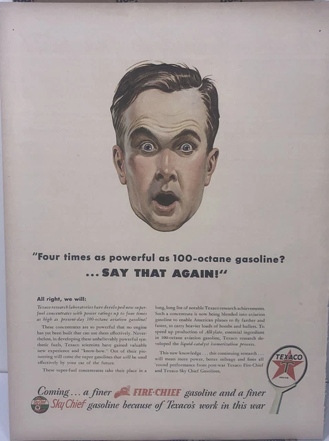 1944 Texaco Fire Sky Chief Gasoline Ad Four Times as Powerful As 100 Octane