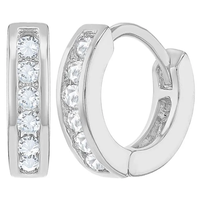 Rhodium Plated Clear CZ Small Hoop Huggie Earrings for Little Girls 10mm
