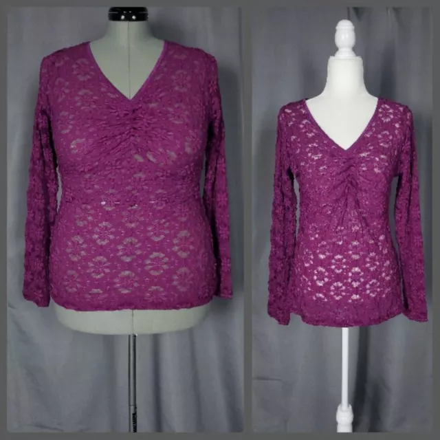 Karen Kane Top Womens XL Orchid Sheer Lace Pullover  Open Neck Long Sleeve Knit