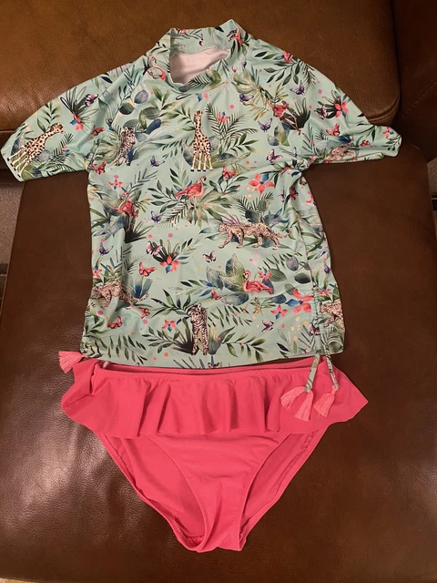 Costume da bagno 2 pezzi verde rosa per bambina set da bagno UV - 12 anni