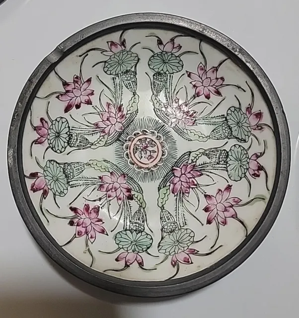 Vintage ACF Japan Japanese Porcelain Ware Bowl/Ashtray Pewter Encased Pink/Green
