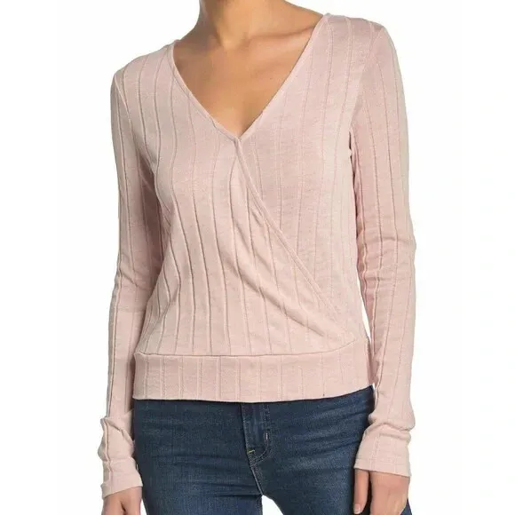 Sanctuary NWT Polina Ribbed Wrap Long Sleeve Surplice Ribbed Pink LS Soft Top M