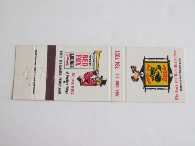 AB266 Vintage Matchbook Cover PA Pennsylvania Cock and Bull Restaurant Lahaska