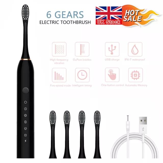 Sonic Electric Toothbrush USB Rechargeable 6 Modes Timer with 4 Brush Head Black