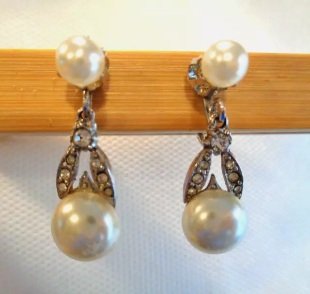 Vintage Faux Pearl Rhinestone Silver Tone Dangle Drop Screw Back Earrings