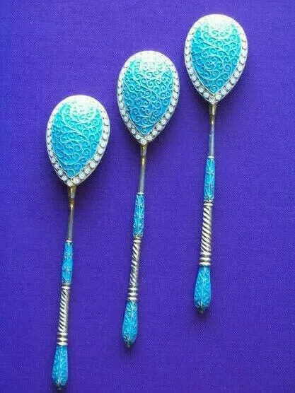 3 Spoons Cloisonne Enamel Silver 84 Gustav Klingert Set Russian Imperial Antique