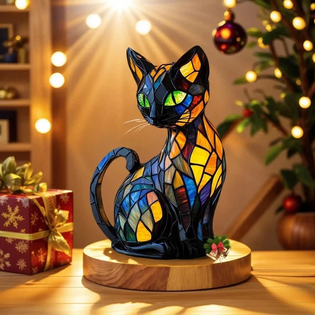CAT LAMP STAINED Glass Resin Table Lamp Retro Decorative Night Light ...