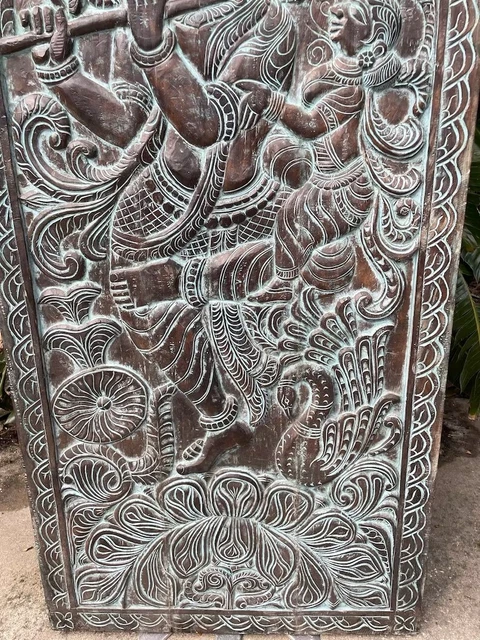 Vintage Krishna Barn Door, Hand-Carved Sliding Door, Indian Wall Sculpture 3