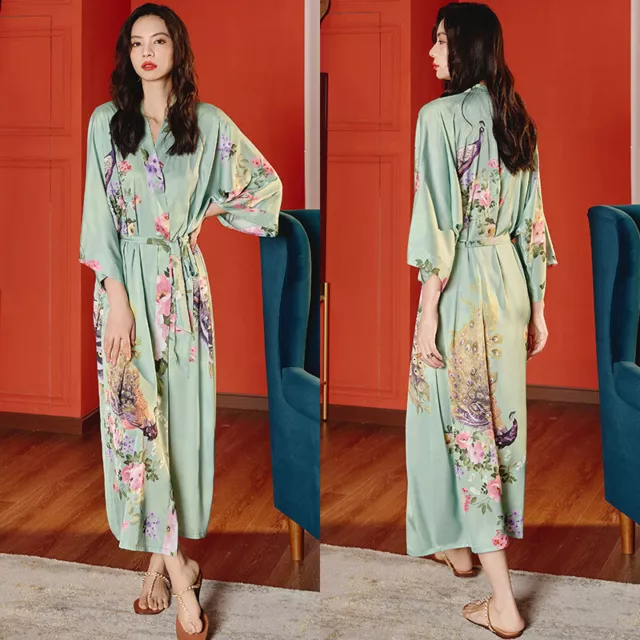 Women Chinese Print Long Robe Satin Silk Bathrobe Sleepwear Night Gown Dress 2