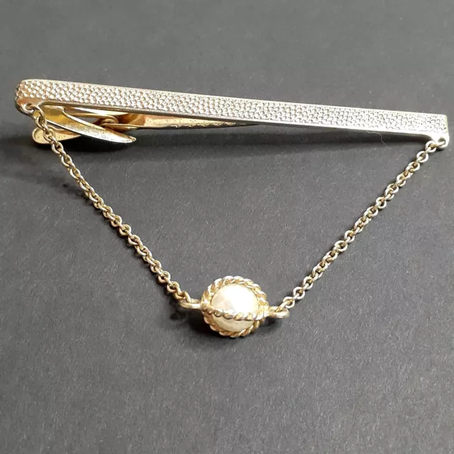 Hickok Tie Clasp Chain And Pearl  clasp 3 1/4" made is USA signed Gold Tone