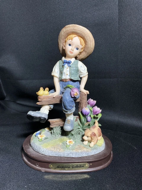 Rare Montefiori Collection Little Boy Sitting On Fence Figurine w Dog See Detail