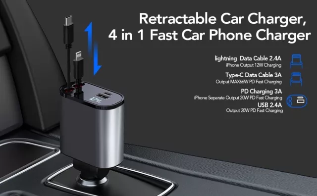 4 IN 1 Retractable Car Charger Cable Dual Port USB-C PD Fast Charging Adapter