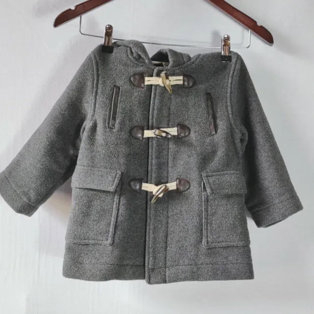 Zara Unisex 24-36 Months Baby Grey Duffle Coat Jacket Toggles Wool Blend Pockets