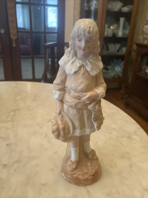 Antique 9.75”Bisque Victorian Figurine Girl With Hat