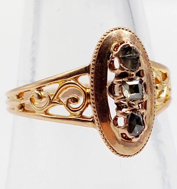 Bague Victorienne Or Rose 18k Avec Trèfle Et Diamant - Taille 55, Occasion, Sans Amélioration