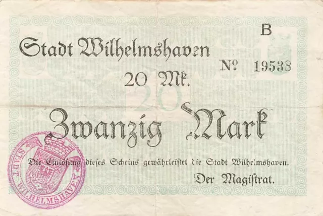 Wilhelmshaven * Stadt * Notgeld * 20 Mark * Reihe B * Stpl. A * Geiger 559.11a