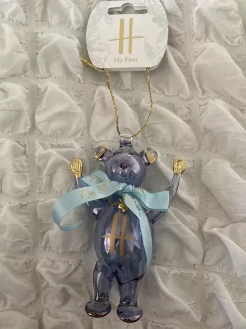 Harrods My First 2023 Christmas Glass Teddy Bear Blue Decoration