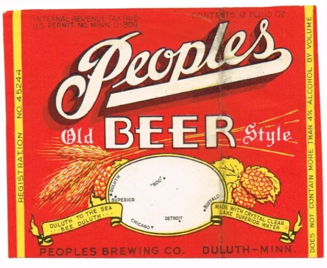 1940s Duluth People's beer label without MAP Tavern Trove