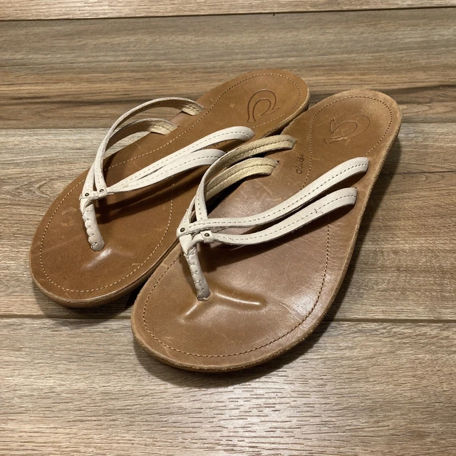 Olukai Leather Slide Sandals Brown Flip Flop Thong Women's Size 8