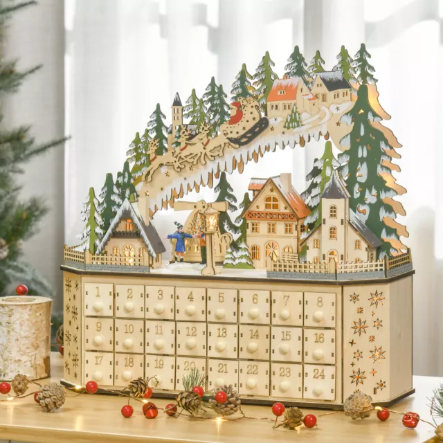 HOMCOM Adventskalender Weihnachtsdekoration 24 Schubladen LED-Lichtern MDF