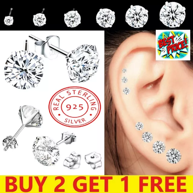 925 Sterling Silver Stud Earrings Cubic Zirconia Small Set Pack Women Woman Girl