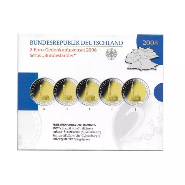 BRD 2 Euro Gedenkmünzenset Deutschland A+D+F+G+J Jahr 2008 Hamburg Spiegelglanz