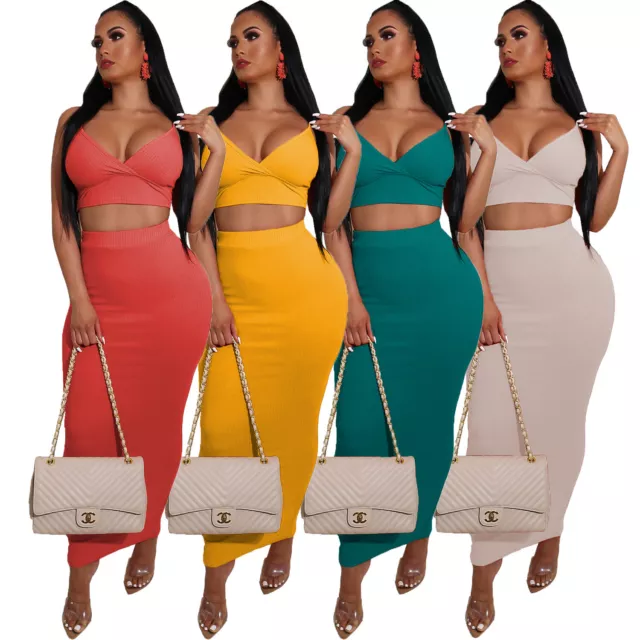 Trendy Women V Neck Spaghetti Strap Solid Back Slit Bodycon Skirt Set 2pcs