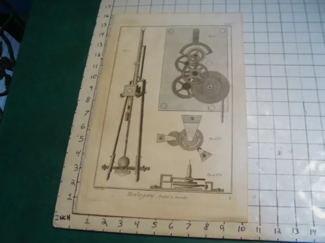 Original engraving 1760's 10 1/2 x 16" Pendule a Secondes