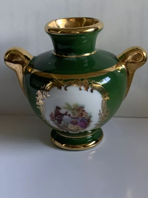 Vintage Limoges 3" Vase Miniature Handles Courting Emerald Green Gold Gilt