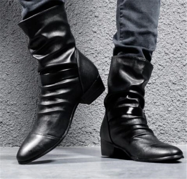 MEN'S PUNK POINTED Metal Toe Buckles Zip High Top Leather