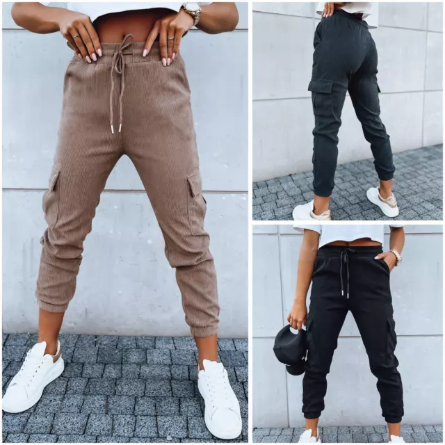 Cord Sweatpants Damen Jogginghose Sporthose Cargo Taschen Freizeithose DSTREET