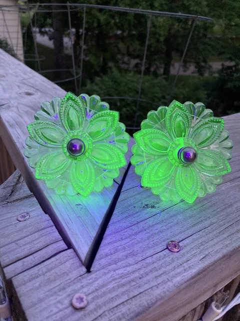 Pair of Uranium Green Vaseline Glass Flower Curtain Tie Backs 3 1/2" diameter