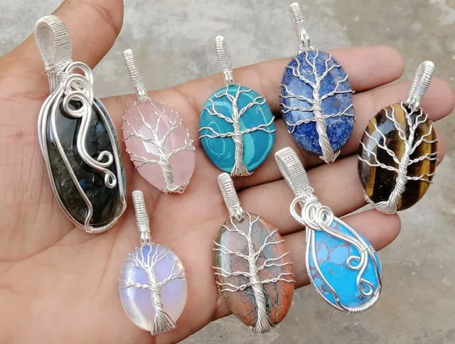 Turquoise & Mix Gemstone Tree Of Life& Mix Silver Wire Wrap Handmade Pendant Lot