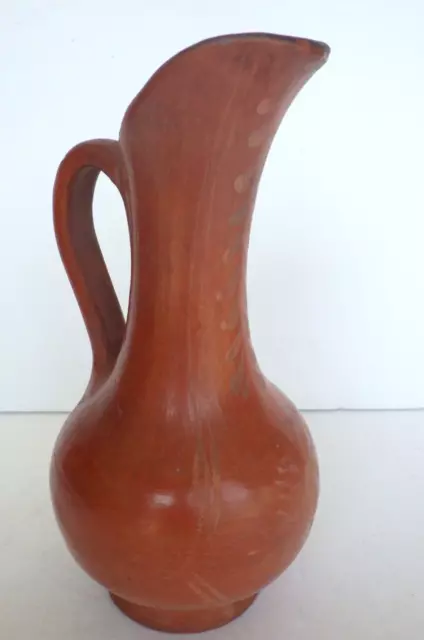 Vintage Clay Terra Cotta Art Pottery Hand Painted 8" Ewer Pitcher Signed JS