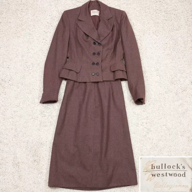 VTG Women's 40s/50s 2 PC Jacket Skirt Suit Set Peplum Brown Wool Sz XS/S 1940s