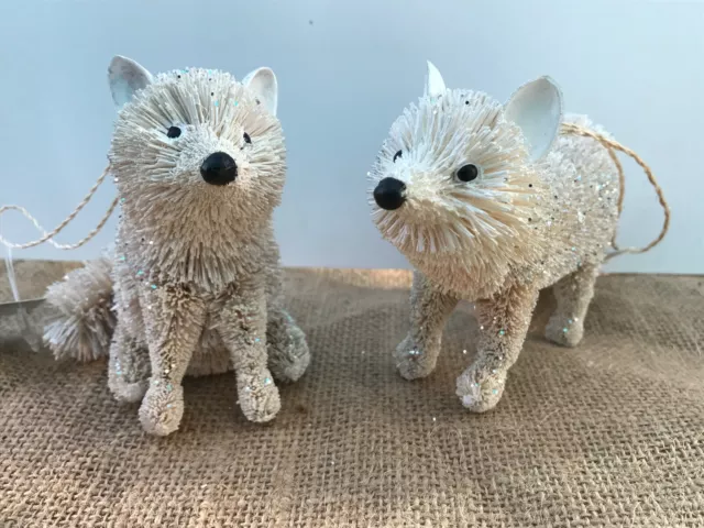 Gisela Graham Set of 2 Christmas White Bristle Fox Woodland Ornament Decorations