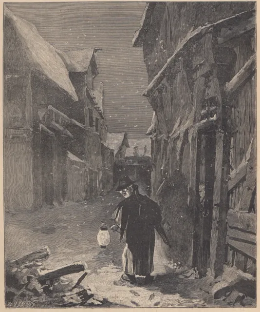B7711 Hombre Con Linterna Warning En Una Via Del País ,1891 Xilógrafo,Engraving