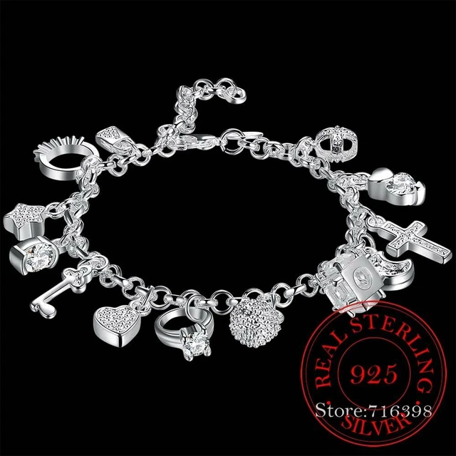 Women Charms Cross Bracelet Star Moon Flower Zircon Bangles Sterling Silver 1Pc