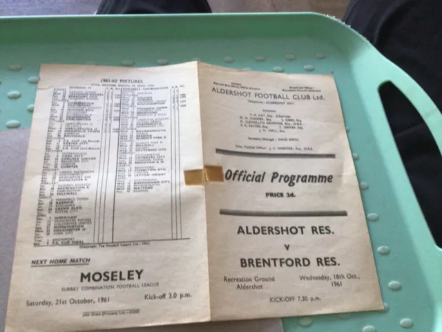 Football programme reserve aldershot v Brentford 1961/62