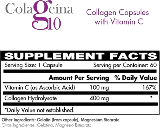 Colageina 10 Collagen Capsules with Vitamin C - 60 Capsules Anti-aging Colageno 3