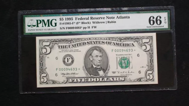 1995 ATLANTA Five Dollar PMG GEM UNC 66 EPQ Federal Reserve STAR NOTE $5 BILL!