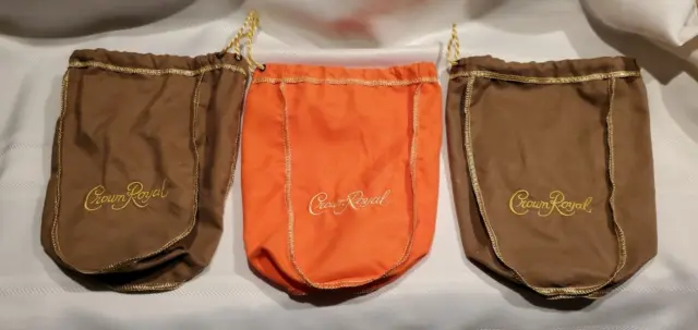 3 Crown Royal Draw String Bags - Brown & Orange