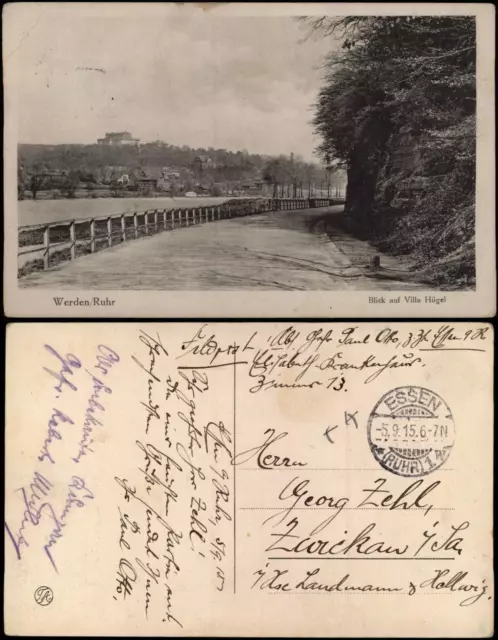 Ansichtskarte Bredeney-Essen (Ruhr) Blick auf Villa Hügel 1915  gel. Feldpost