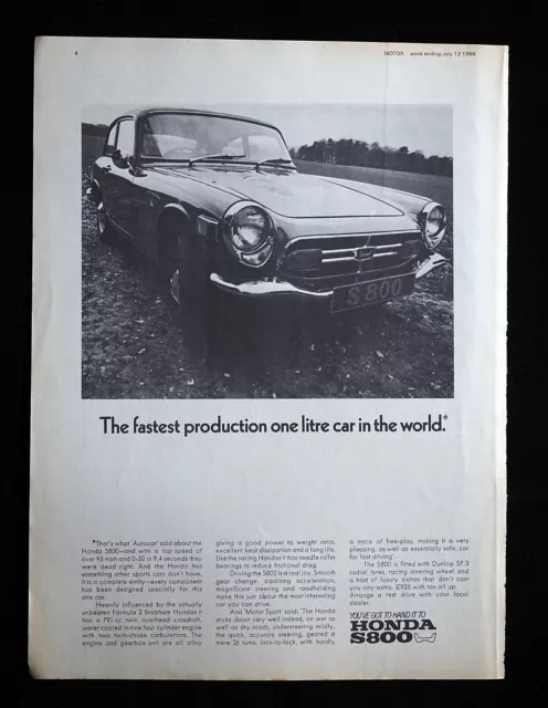 Original 1968 Motor Magazine Vintage Advert. HONDA S800