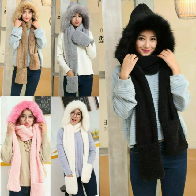 Scarf Hat Winter Warm Women Snood Pocket Integrated Hats Fluffy Gloves Hood